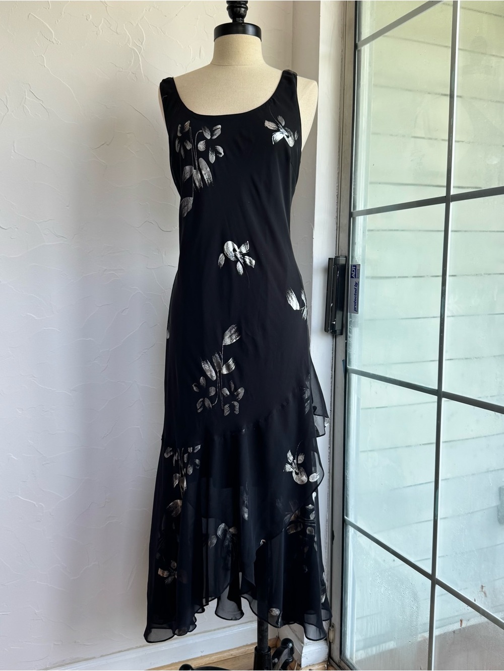Vintage Eva Blue Black Floral Maxi Dress 90s Evening Dress
